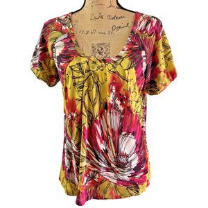 St. John Women's Floral Pink & Yellow Print Short Sleeve Silk Blouse Top Sz S